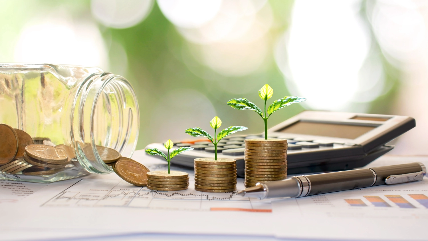 Bäume pflanzen auf Münzen und Taschenrechnern, Finanzbuchhaltungskonzepte und Geld sparen.